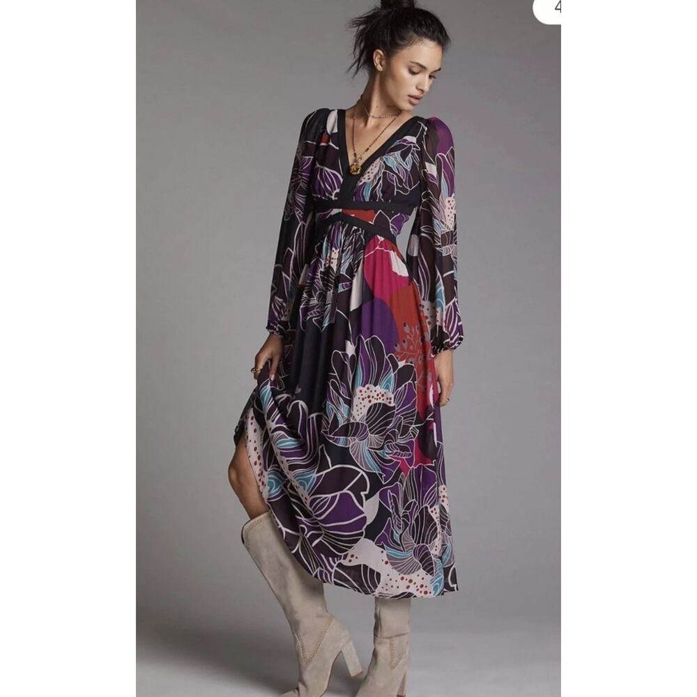 Anthropologie Let Me Be Floral Midi Dress Size XS purple black NWT